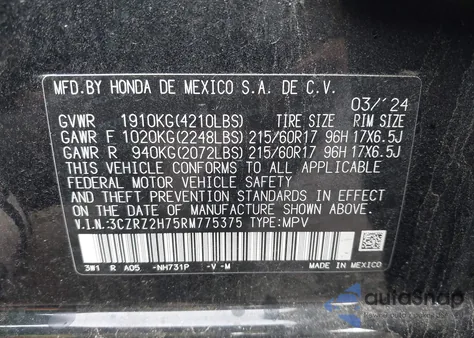 2024 Honda Hr-V Awd Ex-L/Awd Ex-L W/O Bsi from USA, damaged, VIN 3CZRZ2H75RM775375